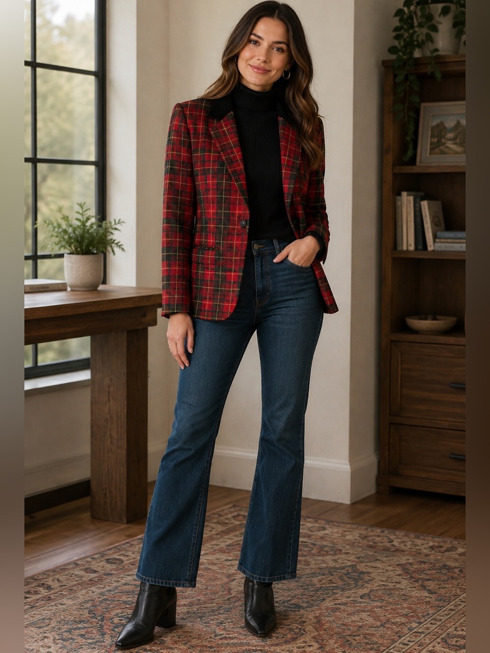 SAG HARBOR Vintage Plaid Wool Blend Single Breasted Blazer Size 6P Christmas